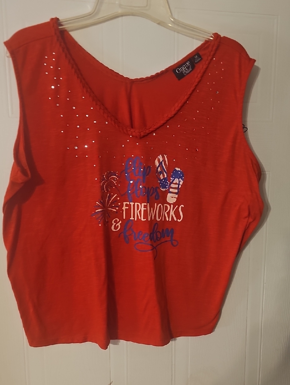 Onque Casuals Red Sleeveless Graphic Tank with Rhinestones